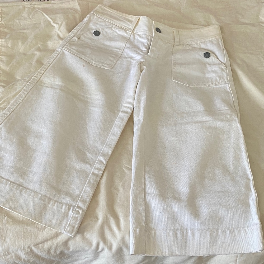 VINTAGE WOMENS WHITE DENIM CAPRI WIDE LEG JEANS
